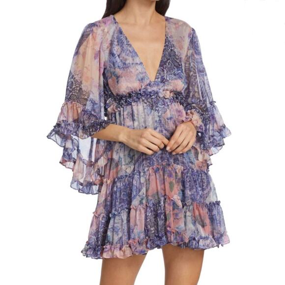 Misa Los Angeles Yasemin Butterfly Sleeve Babydoll Dress - Pink Blue - Size M - Picture 1 of 7